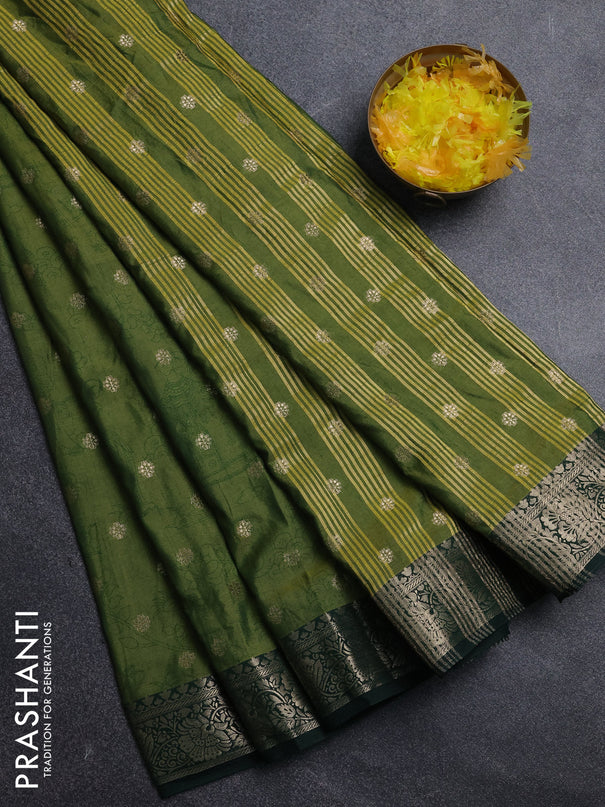 Semi raw silk saree mehendi green and bottle green with allover kalamkari prints & 1000 zari buttas and zari woven border