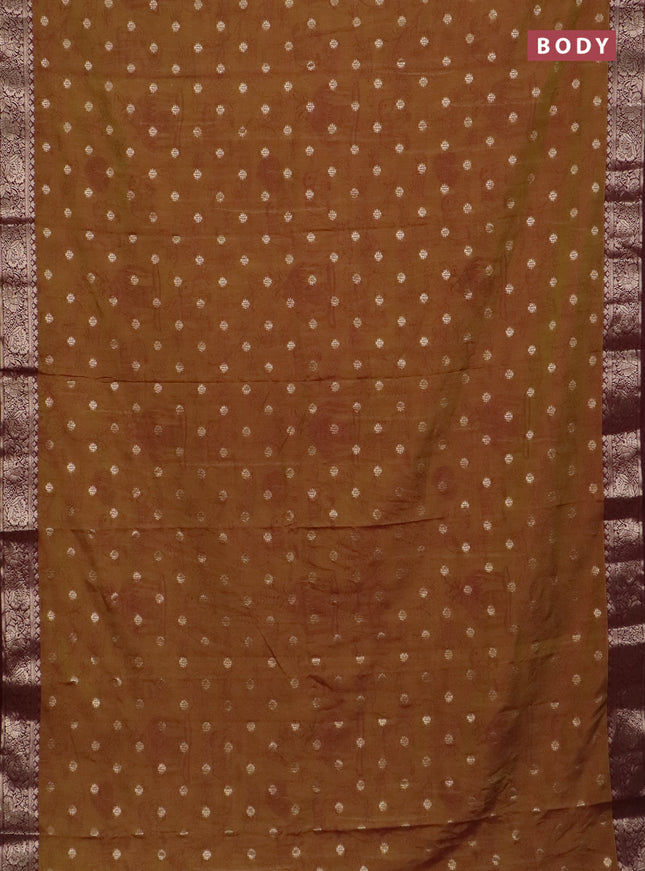 Semi raw silk saree dual shade of mustard green and wine shade with allover kalamkari prints & 1000 zari buttas and zari woven border