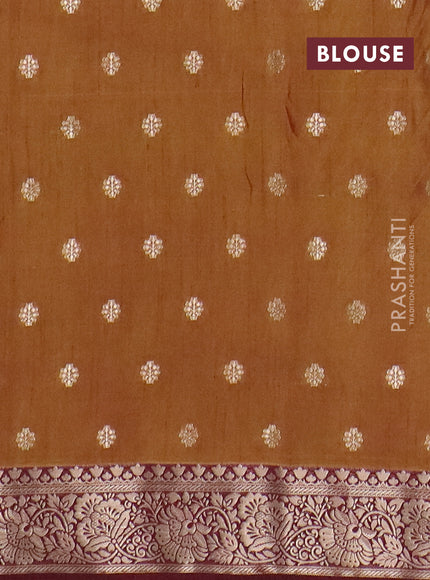 Semi raw silk saree dual shade of mustard green and wine shade with allover kalamkari prints & 1000 zari buttas and zari woven border