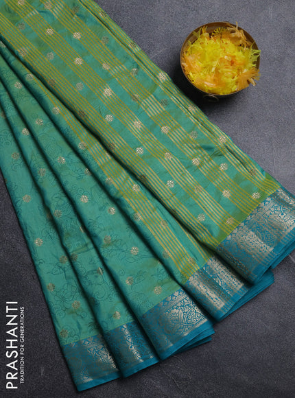 Semi raw silk saree teal bluish green and teal green with allover kalamkari prints & 1000 zari buttas and zari woven border