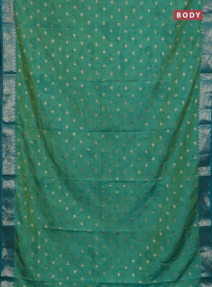 Semi raw silk saree teal bluish green and teal green with allover kalamkari prints & 1000 zari buttas and zari woven border