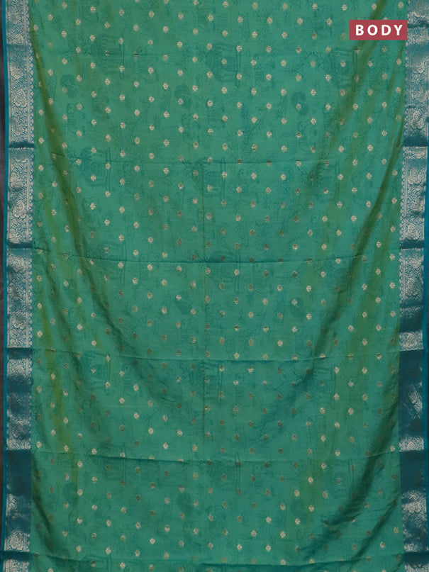 Semi raw silk saree teal bluish green and teal green with allover kalamkari prints & 1000 zari buttas and zari woven border