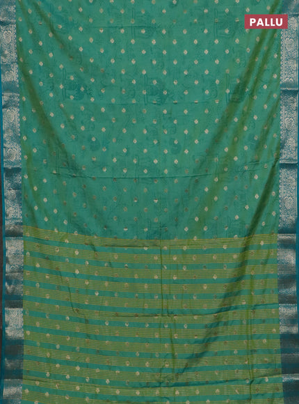 Semi raw silk saree teal bluish green and teal green with allover kalamkari prints & 1000 zari buttas and zari woven border