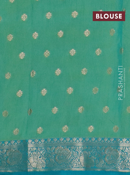 Semi raw silk saree teal bluish green and teal green with allover kalamkari prints & 1000 zari buttas and zari woven border