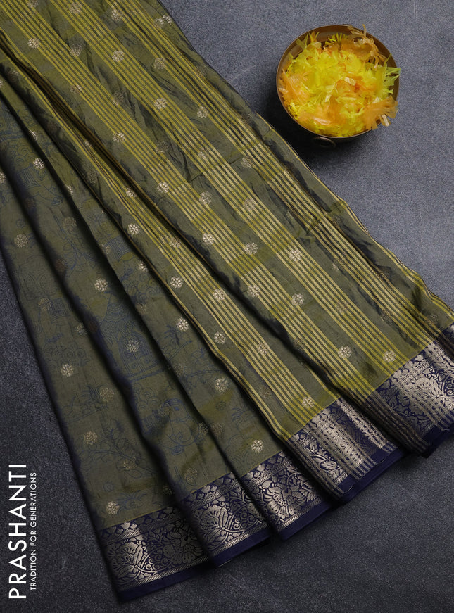 Semi raw silk saree mehendi green and navy blue with allover kalamkari prints & 1000 zari buttas and zari woven border