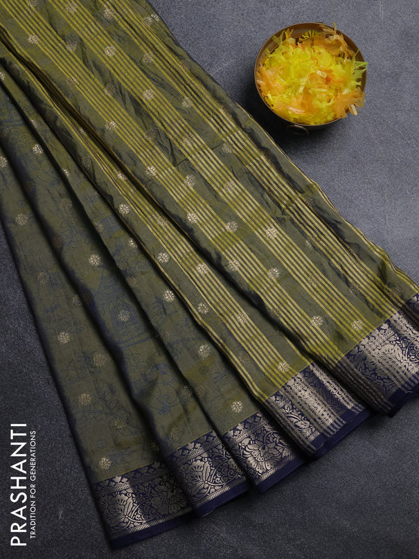 Semi raw silk saree mehendi green and navy blue with allover kalamkari prints & 1000 zari buttas and zari woven border