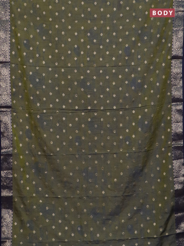 Semi raw silk saree mehendi green and navy blue with allover kalamkari prints & 1000 zari buttas and zari woven border
