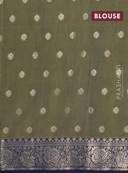 Semi raw silk saree mehendi green and navy blue with allover kalamkari prints & 1000 zari buttas and zari woven border