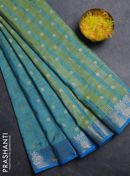 Semi raw silk saree dual shade of teal blue and cs blue with allover kalamkari prints & 1000 zari buttas and zari woven border