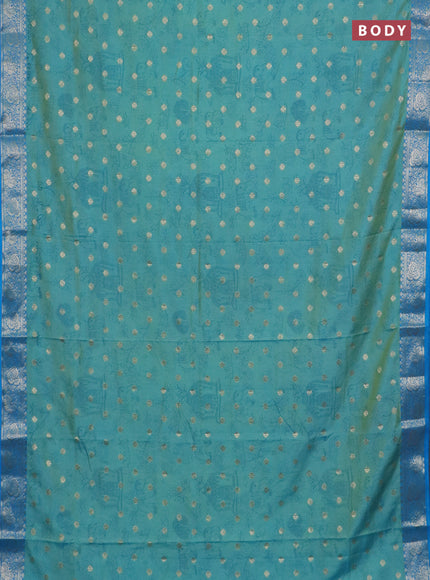 Semi raw silk saree dual shade of teal blue and cs blue with allover kalamkari prints & 1000 zari buttas and zari woven border