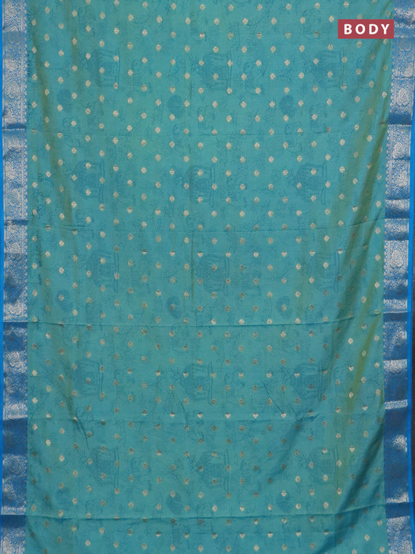 Semi raw silk saree dual shade of teal blue and cs blue with allover kalamkari prints & 1000 zari buttas and zari woven border