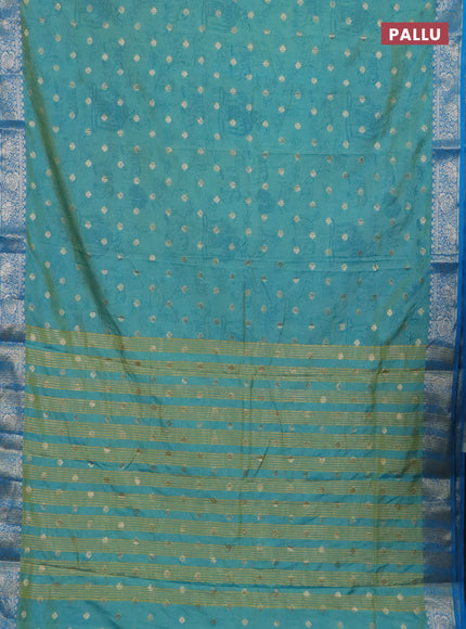 Semi raw silk saree dual shade of teal blue and cs blue with allover kalamkari prints & 1000 zari buttas and zari woven border