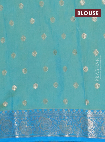 Semi raw silk saree dual shade of teal blue and cs blue with allover kalamkari prints & 1000 zari buttas and zari woven border