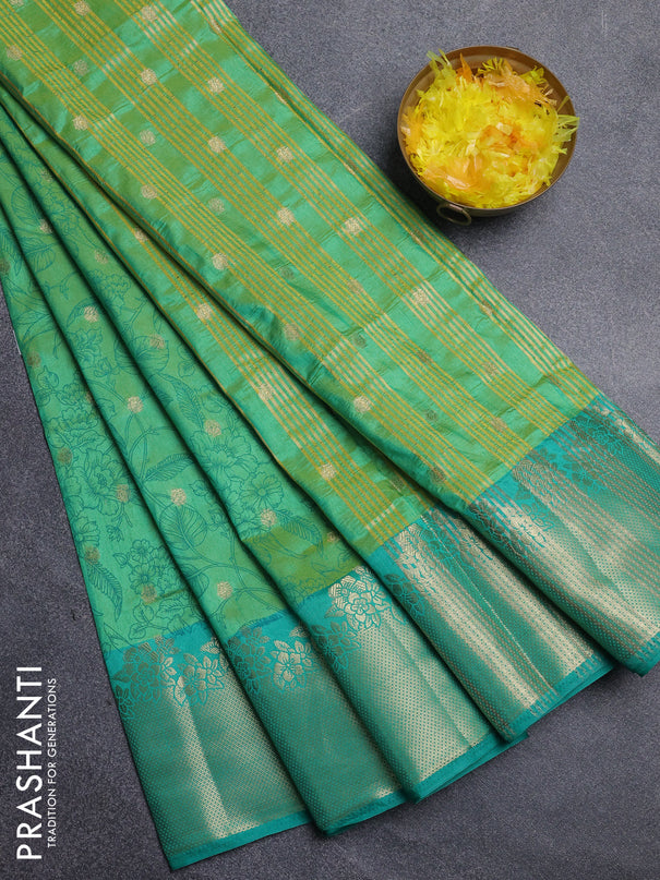 Semi raw silk saree light green and teal green with allover prints & 1000 zari buttas and zari woven border