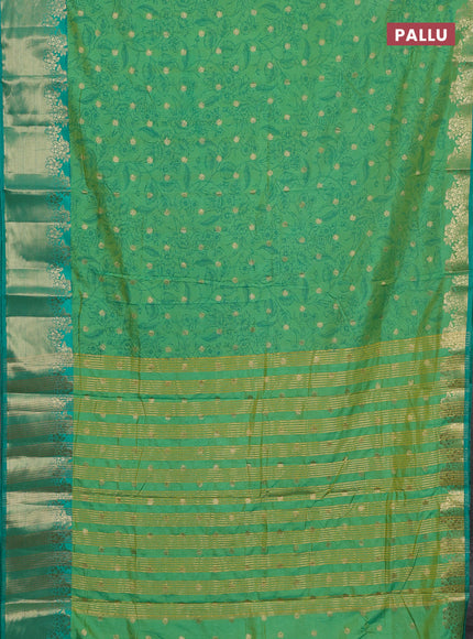 Semi raw silk saree light green and teal green with allover prints & 1000 zari buttas and zari woven border