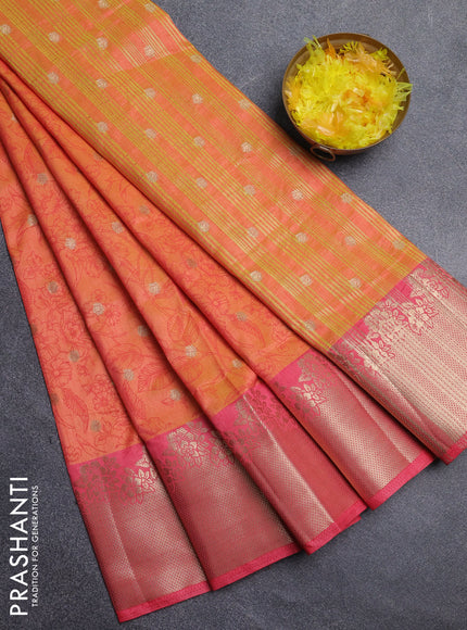 Semi raw silk saree dual shade of orange and peach pink with allover prints & 1000 zari buttas and zari woven border