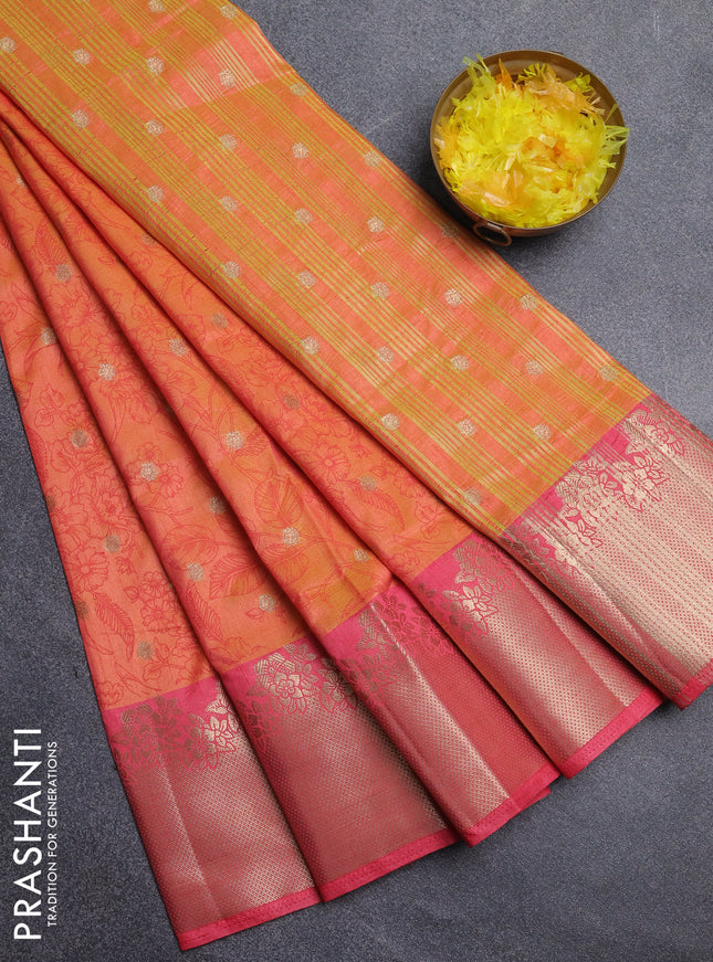 Semi raw silk saree dual shade of orange and peach pink with allover prints & 1000 zari buttas and zari woven border
