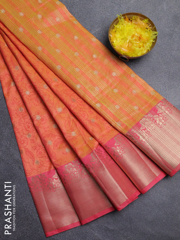 Semi raw silk saree dual shade of orange and peach pink with allover prints & 1000 zari buttas and zari woven border