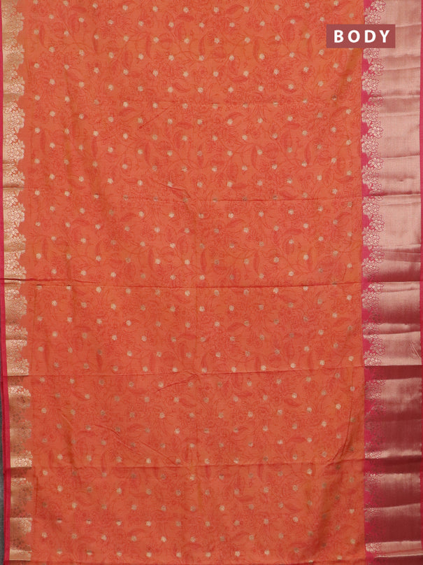 Semi raw silk saree dual shade of orange and peach pink with allover prints & 1000 zari buttas and zari woven border