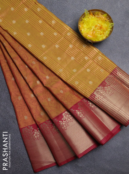Semi raw silk saree dark mustard and maroon with allover prints & 1000 zari buttas and zari woven border