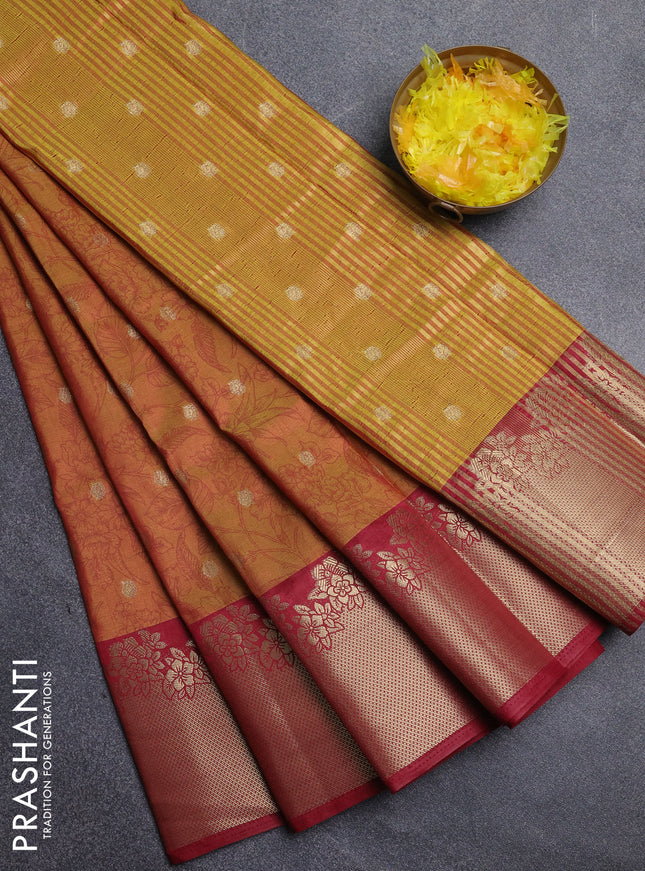 Semi raw silk saree dark mustard and maroon with allover prints & 1000 zari buttas and zari woven border