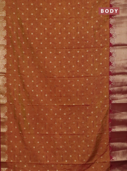 Semi raw silk saree dark mustard and maroon with allover prints & 1000 zari buttas and zari woven border