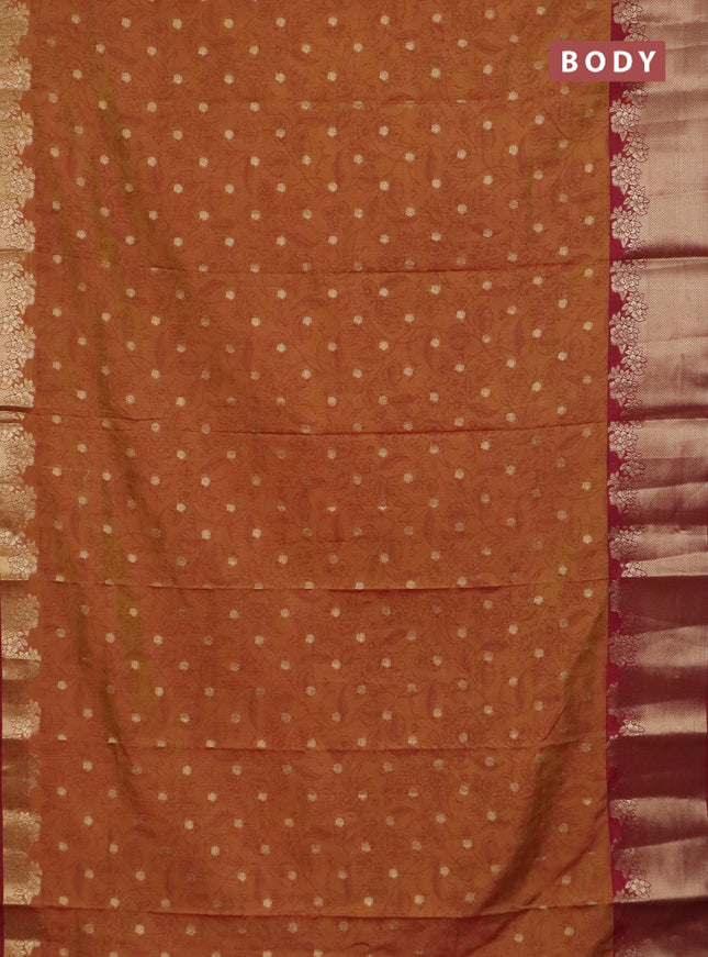 Semi raw silk saree dark mustard and maroon with allover prints & 1000 zari buttas and zari woven border