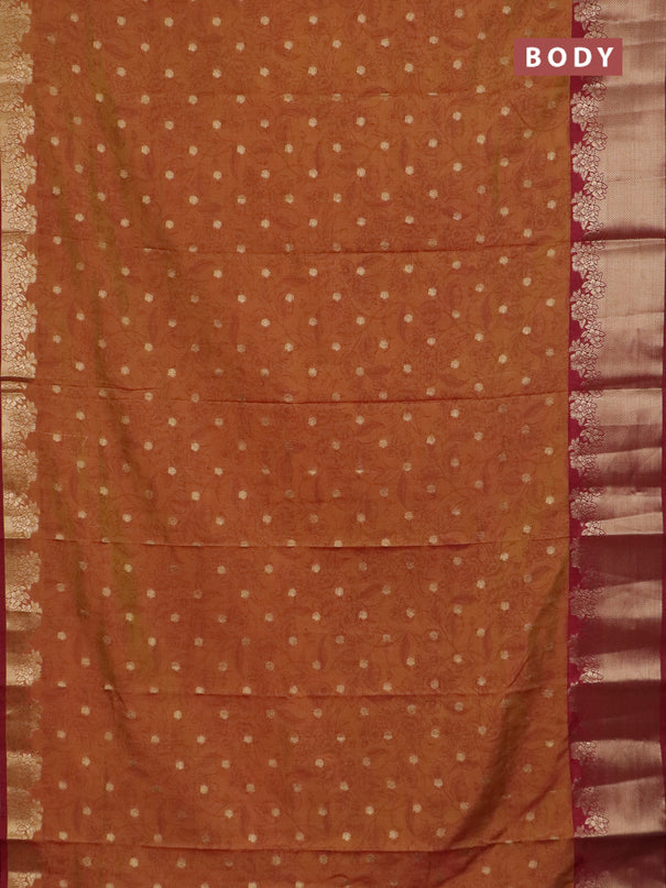 Semi raw silk saree dark mustard and maroon with allover prints & 1000 zari buttas and zari woven border