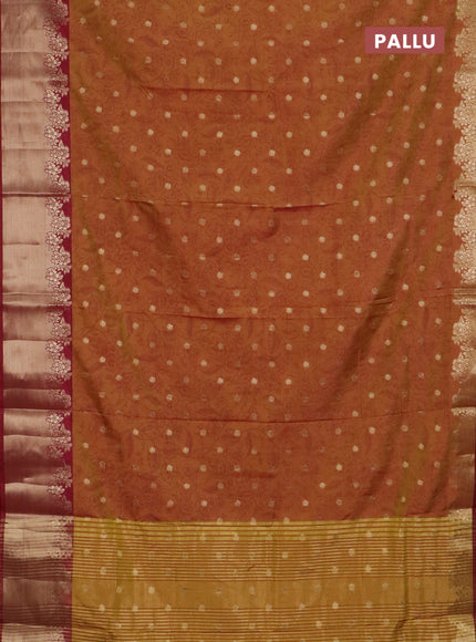 Semi raw silk saree dark mustard and maroon with allover prints & 1000 zari buttas and zari woven border