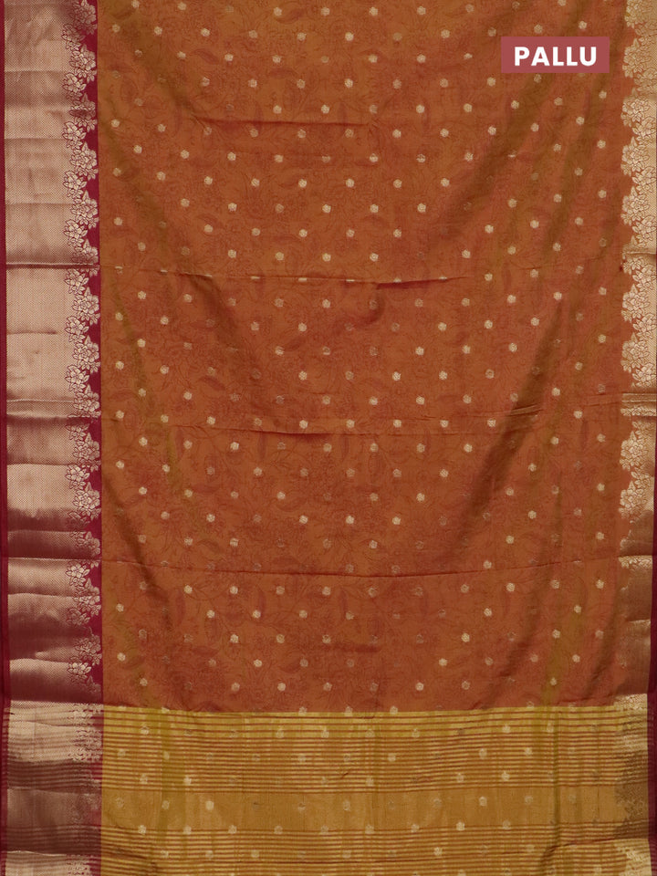 Semi raw silk saree dark mustard and maroon with allover prints & 1000 zari buttas and zari woven border