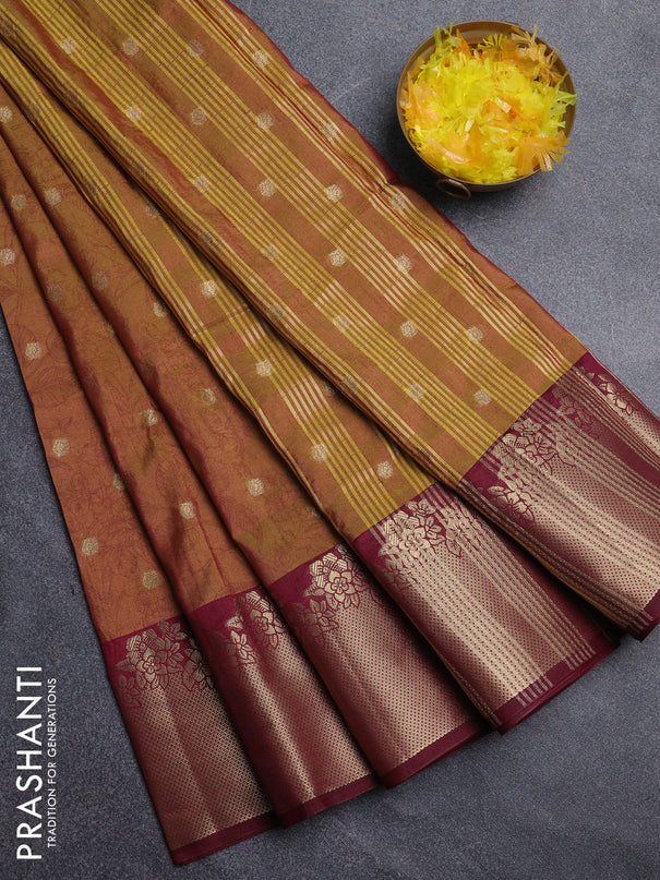 Semi raw silk saree dark mustard green and wine shade with allover prints & 1000 zari buttas and zari woven border