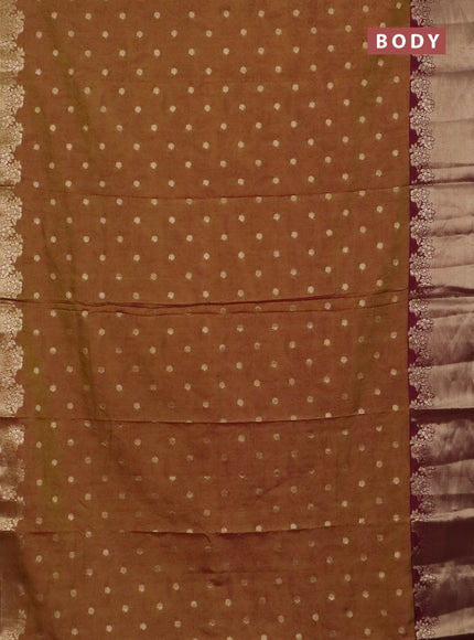 Semi raw silk saree dark mustard green and wine shade with allover prints & 1000 zari buttas and zari woven border