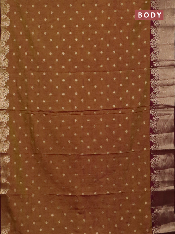 Semi raw silk saree dark mustard green and wine shade with allover prints & 1000 zari buttas and zari woven border