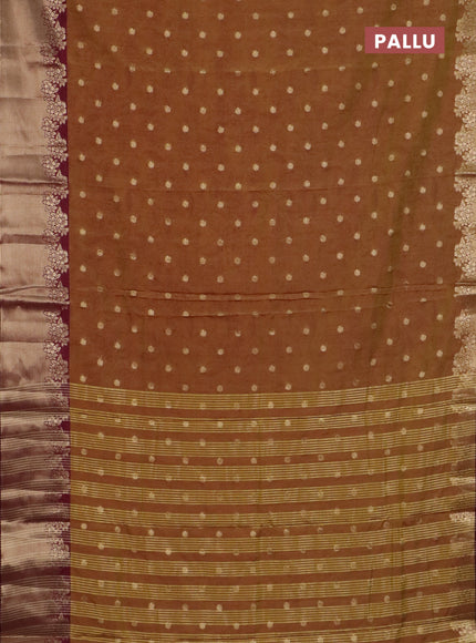 Semi raw silk saree dark mustard green and wine shade with allover prints & 1000 zari buttas and zari woven border