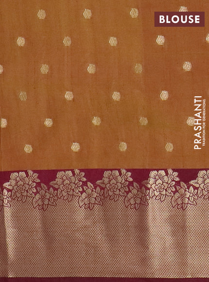 Semi raw silk saree dark mustard green and wine shade with allover prints & 1000 zari buttas and zari woven border