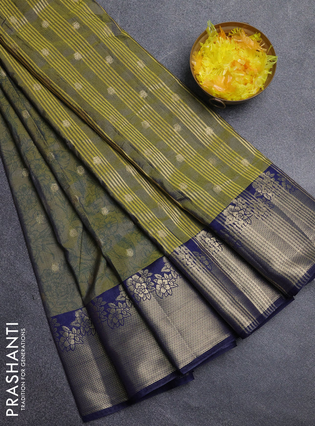 Semi raw silk saree dual shade of mehendi green and navy blue with allover prints & 1000 zari buttas and zari woven border