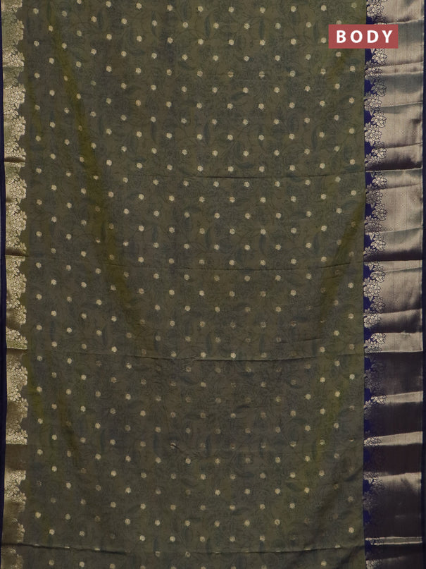 Semi raw silk saree dual shade of mehendi green and navy blue with allover prints & 1000 zari buttas and zari woven border