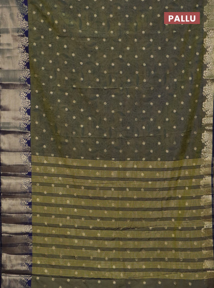 Semi raw silk saree dual shade of mehendi green and navy blue with allover prints & 1000 zari buttas and zari woven border
