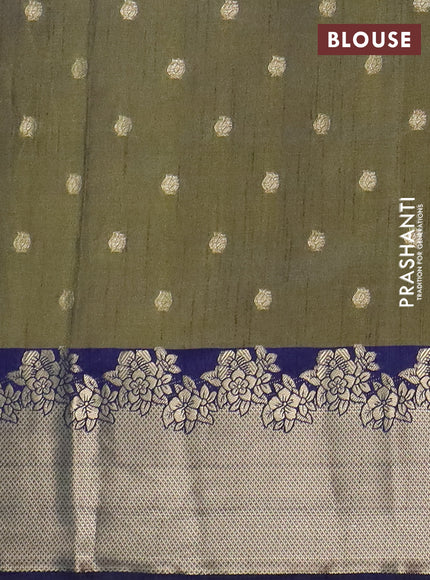Semi raw silk saree dual shade of mehendi green and navy blue with allover prints & 1000 zari buttas and zari woven border