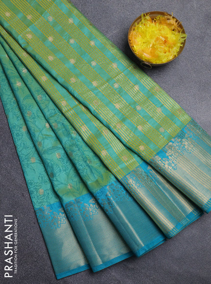 Semi raw silk saree teal greenish blue and teal blue with allover prints & 1000 zari buttas and zari woven border