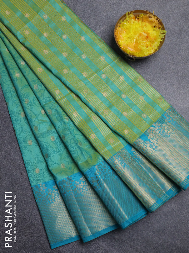 Semi raw silk saree teal greenish blue and teal blue with allover prints & 1000 zari buttas and zari woven border