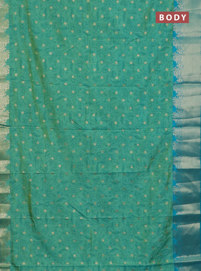 Semi raw silk saree teal greenish blue and teal blue with allover prints & 1000 zari buttas and zari woven border
