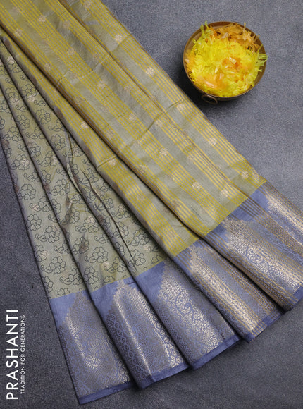 Semi raw silk saree elaichi green and grey with allover floral butta prints & 1000 zari buttas and zari woven border