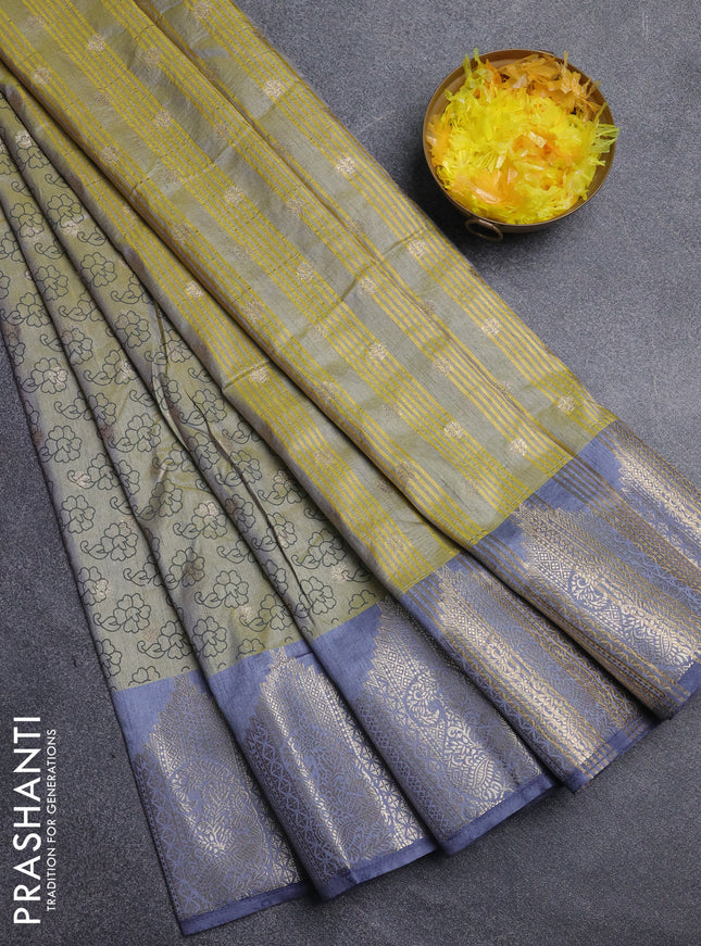 Semi raw silk saree elaichi green and grey with allover floral butta prints & 1000 zari buttas and zari woven border