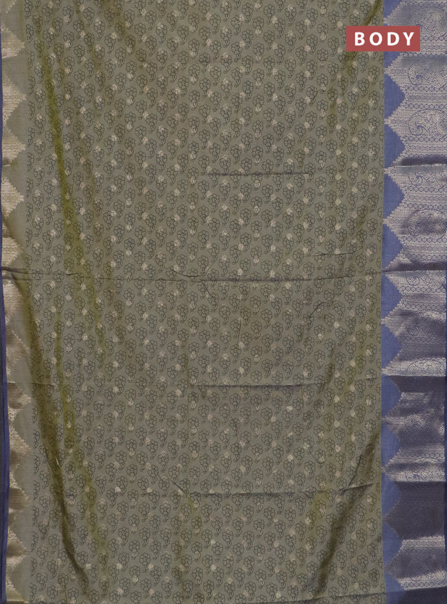 Semi raw silk saree elaichi green and grey with allover floral butta prints & 1000 zari buttas and zari woven border