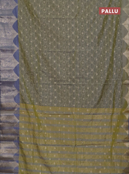 Semi raw silk saree elaichi green and grey with allover floral butta prints & 1000 zari buttas and zari woven border