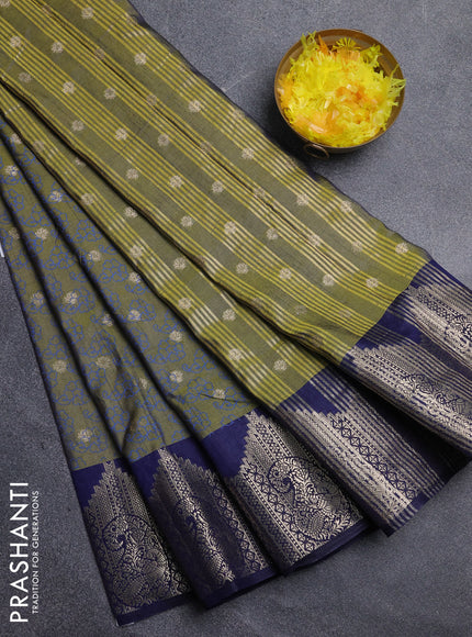 Semi raw silk saree dual shade of mehendi green and navy blue with allover floral butta prints & 1000 zari buttas and zari woven border
