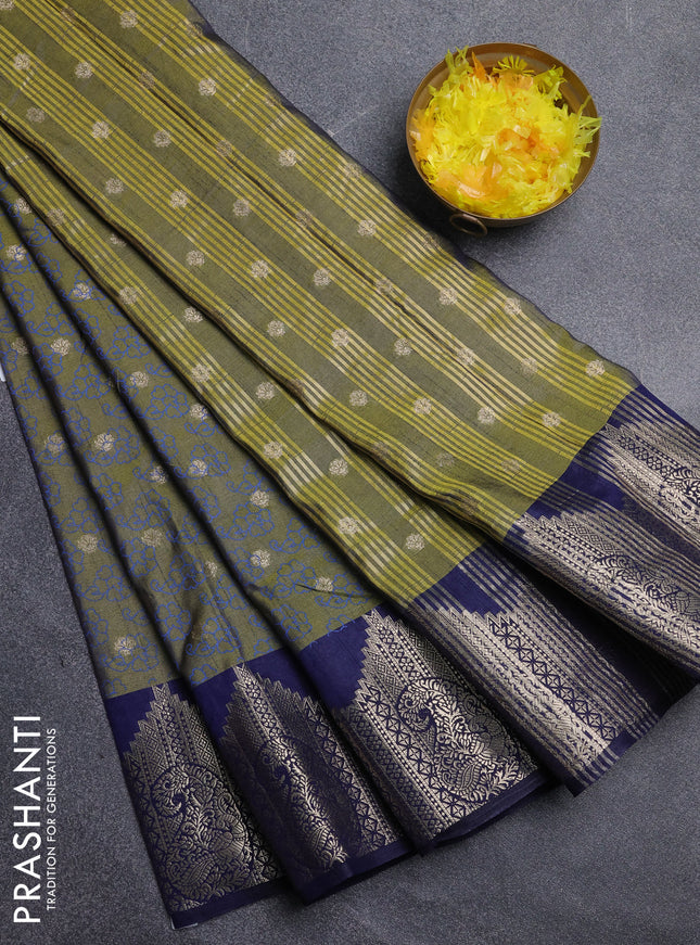 Semi raw silk saree dual shade of mehendi green and navy blue with allover floral butta prints & 1000 zari buttas and zari woven border