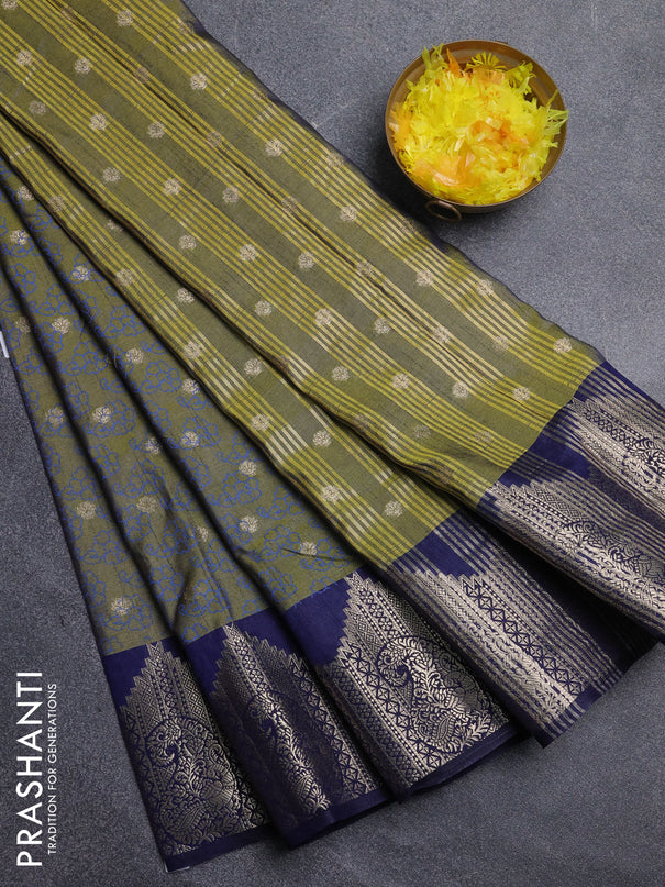 Semi raw silk saree dual shade of mehendi green and navy blue with allover floral butta prints & 1000 zari buttas and zari woven border