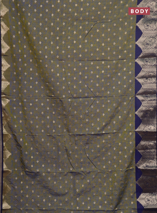 Semi raw silk saree dual shade of mehendi green and navy blue with allover floral butta prints & 1000 zari buttas and zari woven border